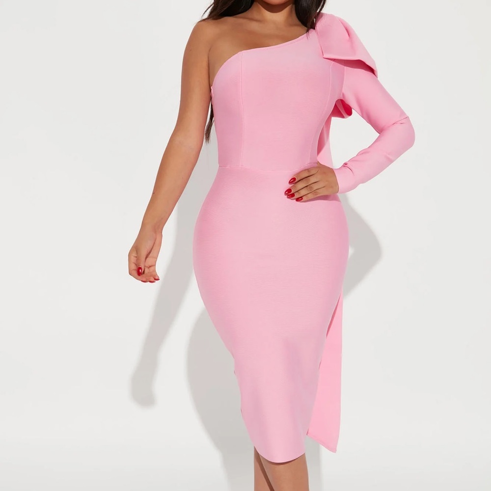 New! Pink one shoulder big bow bandage midi dress!